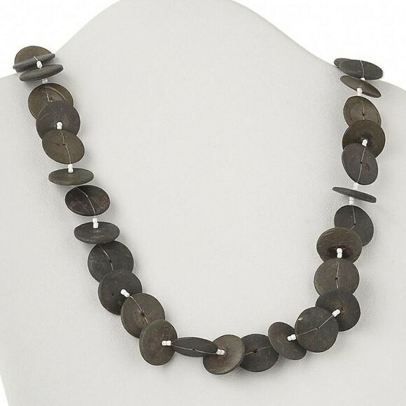 Handcrafted Organic Green White Coconut Shell Wood Disc Necklace - Picture 1 of 3